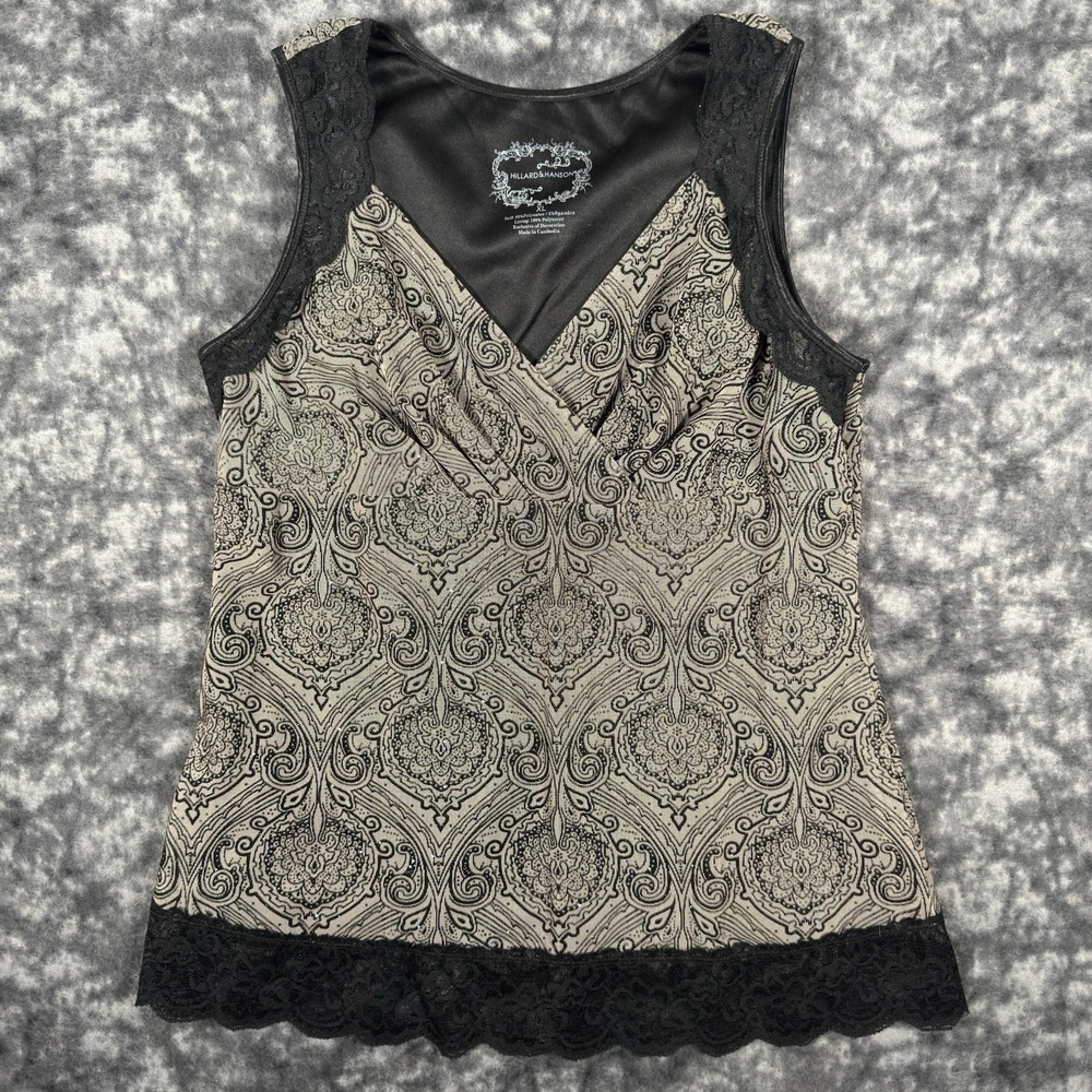 Hillard & Hanson Lace Top Womens XL Black Tan Damask Pattern Y2K Sleeveless